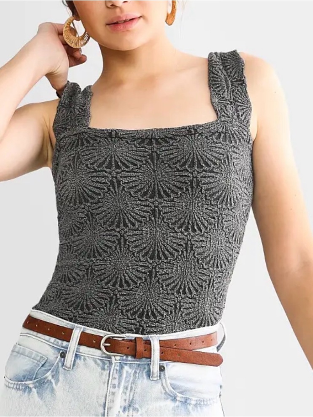 Free People Intimate Crochet-Texture Black Tank Top with Scalloped Hem